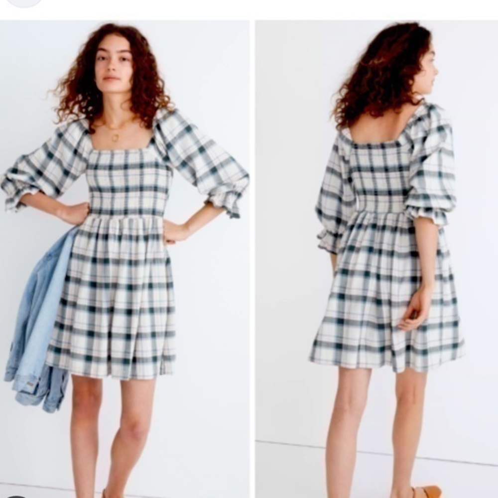 🖤 Madewell Lucie Elbow Sleeve Smocked Mini Dress, Lebaum Plaid, Sz. XXS
